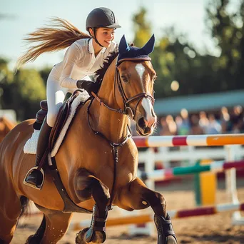 Young rider cantering gracefully in a riding arena. - Image 1