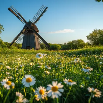 Traditional windmill in a meadow with wildflowers - Image 1