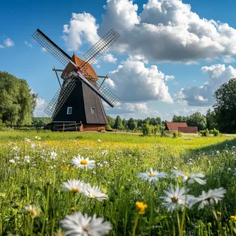 Traditional windmill in a meadow with wildflowers - Image 2