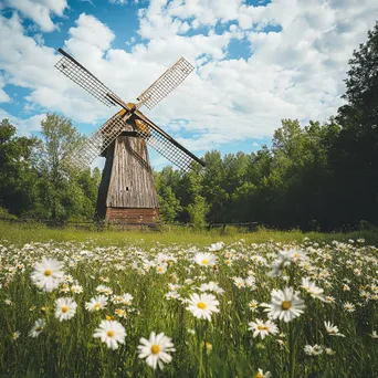 Traditional windmill in a meadow with wildflowers - Image 3