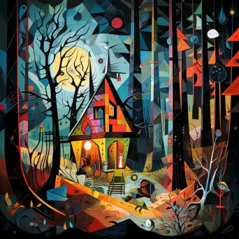 Cubist interpretation of Slavic witch Baba Yaga in vibrant forest - Image 2