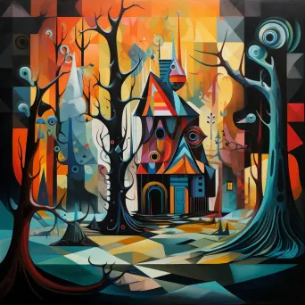 Cubist interpretation of Slavic witch Baba Yaga in vibrant forest - Image 3