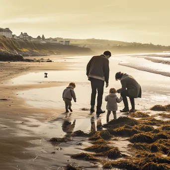 Family playing at beach by estuary - Image 1