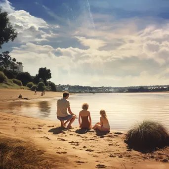 Family playing at beach by estuary - Image 2