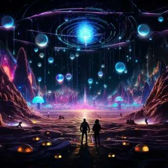 Digital art of an otherworldly music festival with neon lines, extraterrestrial musicians and floating orbs - Image 1