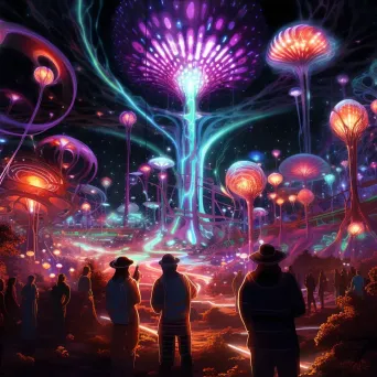 Digital art of an otherworldly music festival with neon lines, extraterrestrial musicians and floating orbs - Image 4