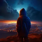 Protagonist in introspective contemplation over a city at night - Image 3