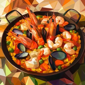 Seafood paella showcased in low poly, geometric art style in a mix of warm hues - Image 3