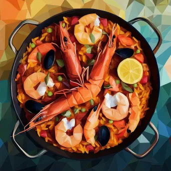 Seafood paella showcased in low poly, geometric art style in a mix of warm hues - Image 4