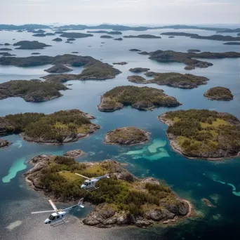 Island archipelago from above with helicopters transporting tourists, aerial view - Image 1