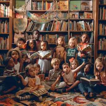 A librarian reading a story to children in a colorful library. - Image 3