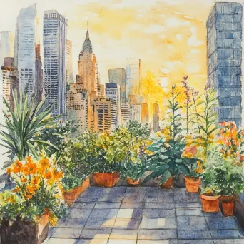 A golden hour rooftop garden illustrated with pencil and watercolors - Image 1