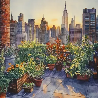 A golden hour rooftop garden illustrated with pencil and watercolors - Image 3