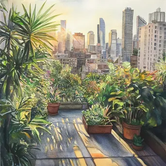 A golden hour rooftop garden illustrated with pencil and watercolors - Image 4