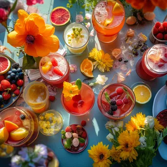 Overhead view of cocktails and appetizers on a garden table - Image 3