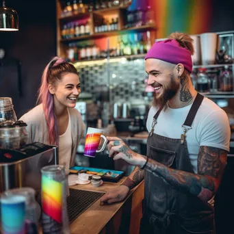 A barista serving colorful latte art to a happy customer in a café. - Image 1