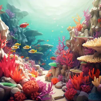 Low poly depiction of a vibrant and serene coral reef bustling with marine life - Image 3