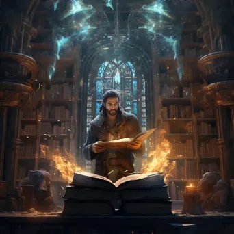 Ancient library with a sorcerer poring over illuminated tome - Image 1