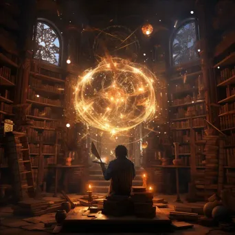 Ancient library with a sorcerer poring over illuminated tome - Image 4