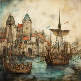 Lively medieval parchment painting of Viking harbor bustling with ships - Image 2