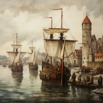 Lively medieval parchment painting of Viking harbor bustling with ships - Image 3