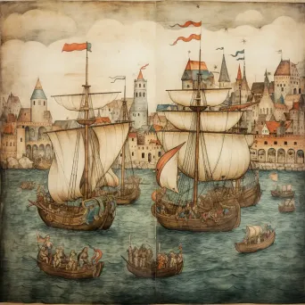 Lively medieval parchment painting of Viking harbor bustling with ships - Image 4