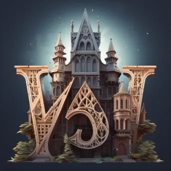 Word formed from gothic architecture elements depicted in twilight palette low poly style - Image 3