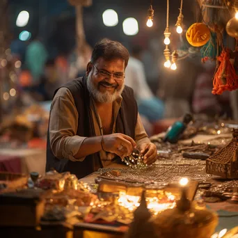 Artisan vendor displaying handmade jewelry and crafts in a vibrant bazaar illuminated with fairy lights. - Image 2