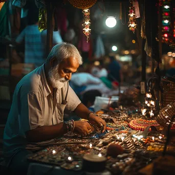 Artisan vendor displaying handmade jewelry and crafts in a vibrant bazaar illuminated with fairy lights. - Image 4