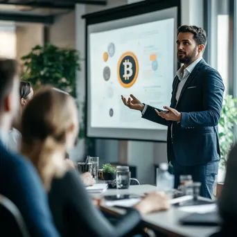 Entrepreneur presenting cryptocurrency options in conference room - Image 1