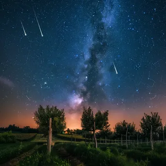 Shooting stars above a blooming orchard at night - Image 2