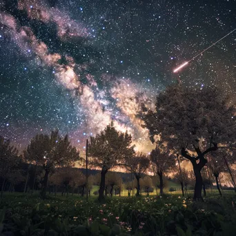 Shooting stars above a blooming orchard at night - Image 3