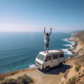 Solo traveler celebrating at a windy cliff with ocean view - Image 1