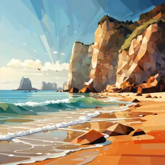 Low poly depiction of a sandy beach, towering cliffs and crashing waves on a Mediterranean coast - Image 2