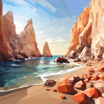 Low poly depiction of a sandy beach, towering cliffs and crashing waves on a Mediterranean coast - Image 4