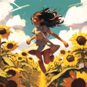 Girl in sundress running through sunflower field under sunny sky - Image 2