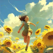 Girl in sundress running through sunflower field under sunny sky - Image 3