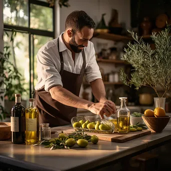 Artisan pouring olive oil into bottles in a cozy kitchen. - Image 1