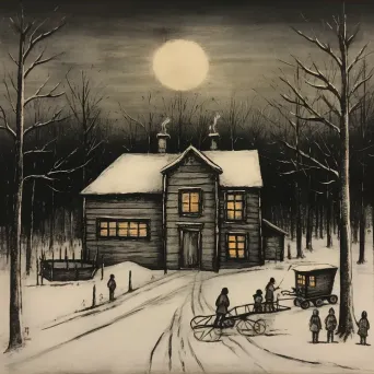 Winter cabin scene with snowman building - Image 4