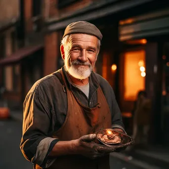 Artisan holding crafted copper piece at sunset - Image 1