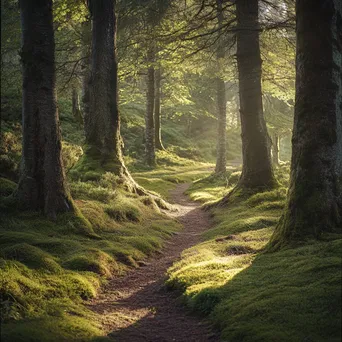 Ancient tree-lined forest path with soft moss - Image 1