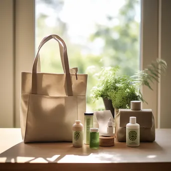 Eco-friendly products including bags and cosmetics arranged with natural lighting. - Image 1