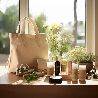 Eco-friendly products including bags and cosmetics arranged with natural lighting. - Image 2