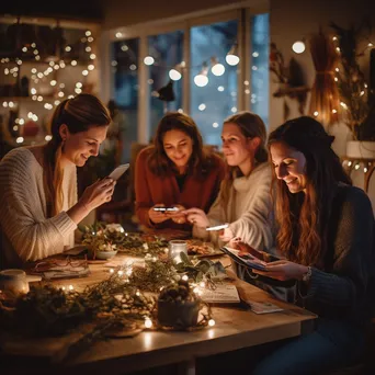 Friends crafting hedgerow decorations in warm light - Image 2