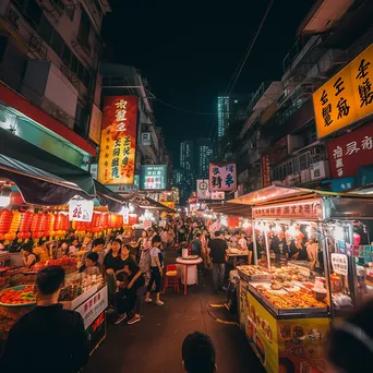 Wide-angle view of a busy night market with neon lights and various street food stalls. - Image 3