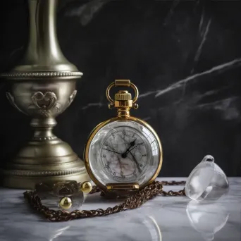 Vintage gold pocket watch on marble table, antique crystal decanter - Image 3