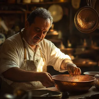 Artisan applying patina to copperware in warm lighting - Image 1