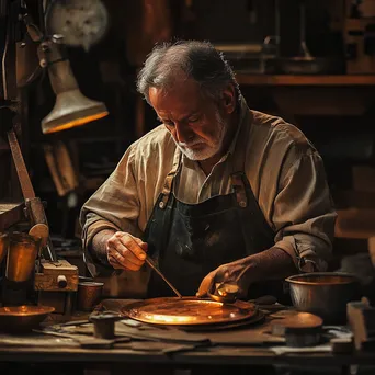 Artisan applying patina to copperware in warm lighting - Image 4