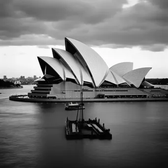 Silhouette of Sydney Opera House with illuminated sails at dusk against harbor backdrop - Image 3