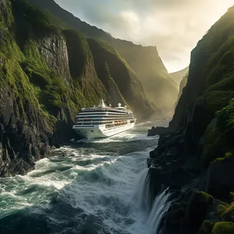 Cruise ship near lush coastal cliffs. - Image 2